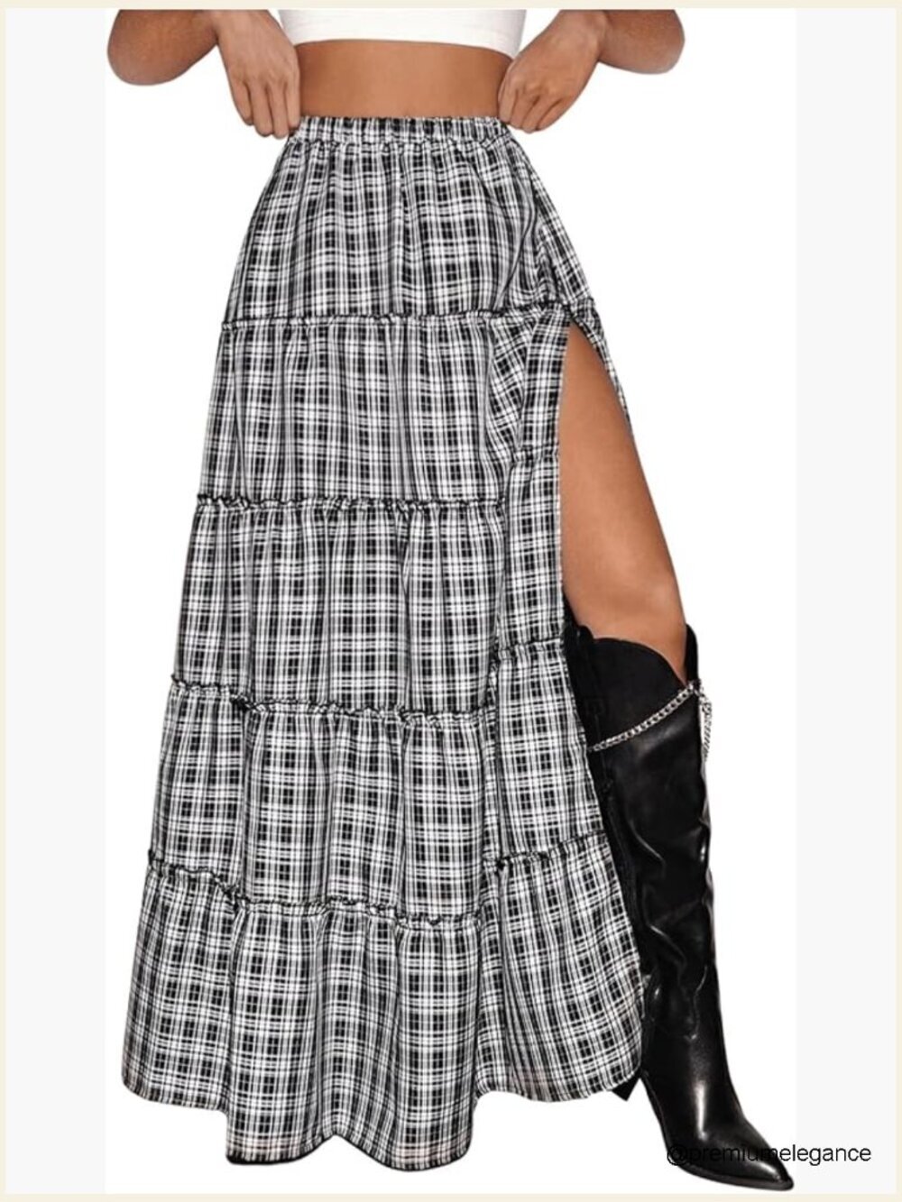 Ruffle Plaid Long Skirt Flowy Split Thigh Elastic Waist Maxi